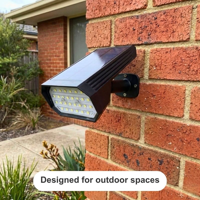 Solar light fixture on a brick wall with text 'Designed for outdoor spaces'.