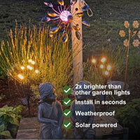 Solar-powered garden lights displayed in a garden setting at dusk, featuring a metal flower wind spinner, glowing solar posts, and a child statue. Text overlays highlight key product features like '2x brighter than other garden lights', 'Install in seconds', 'Weatherproof', and 'Solar powered'.