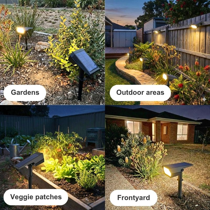Four-panel collage showing solar garden lights in use in different outdoor settings: gardens, outdoor areas, veggie patches, and a front yard at night. Each panel shows a solar-powered stake light illuminating plants and a pathway.
