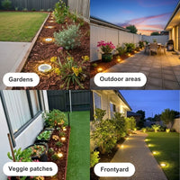 Collage of outdoor scenes including gardens, outdoor areas, veggie patches, and frontyard with lighting and plants.