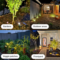 A four-panel collage showing solar landscape lights in use in different outdoor settings: labeled 'Gardens,' 'Outdoor areas,' 'Veggie patches,' and 'Frontyard.' Each panel shows illuminated ground or plant lights casting warm yellow light on plants and mulch at night.