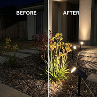 Before and after comparison of outdoor landscape lighting on a house walkway and garden bed at night, showing unlit and illuminated scenes with plants and mulch.
