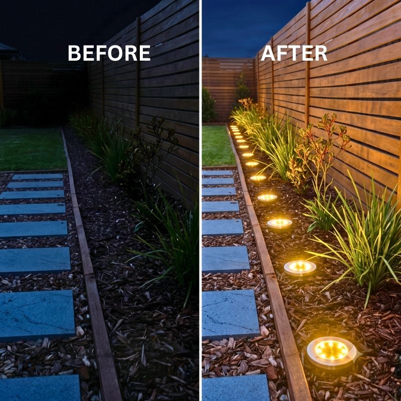 A side-by-side before and after comparison of a garden pathway at night. The left 'BEFORE' image shows a dark, unlit pathway with blue-toned shadows.