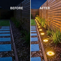 A side-by-side before and after comparison of a garden pathway at night. The left 'BEFORE' image shows a dark, unlit pathway with blue-toned shadows.