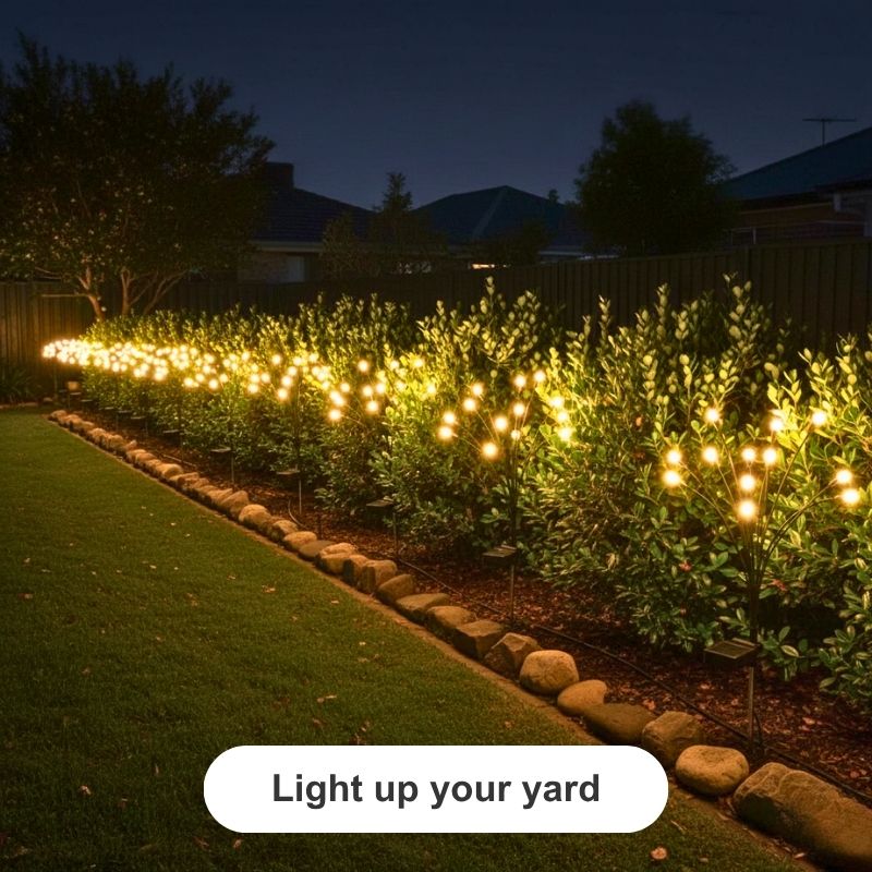 Outdoor garden scene at night with many small warm white globe lights attached to bushes along a stone-edged lawn border. A dark fence and houses are visible in the background, and a white label at the bottom reads 'Light up your yard'.