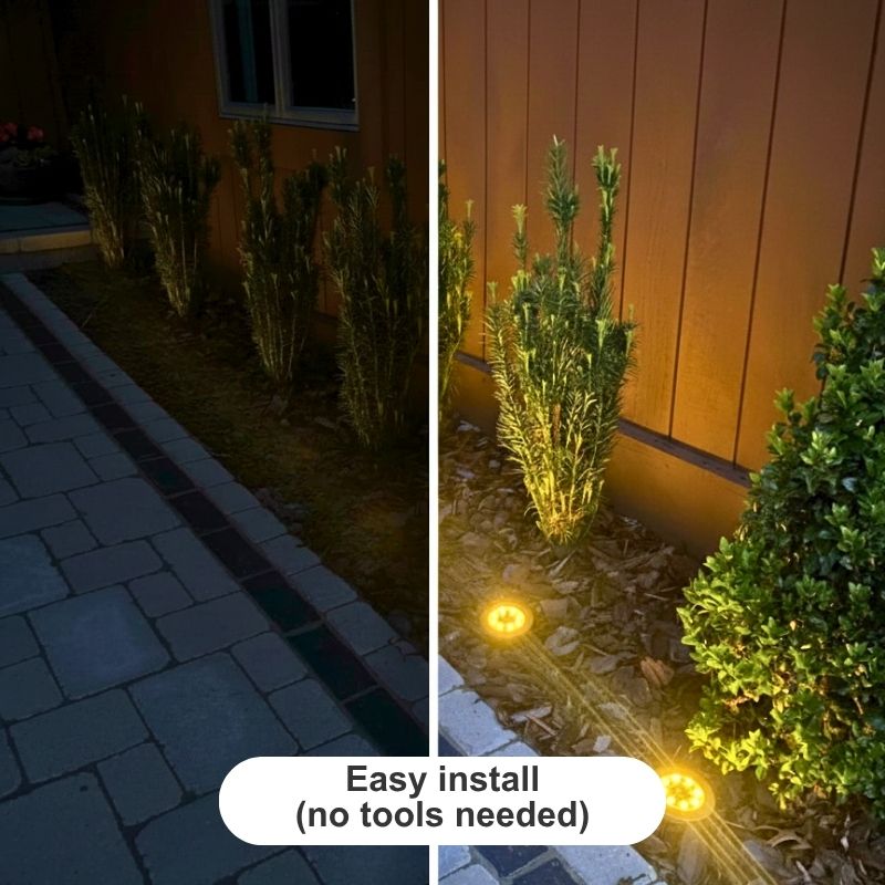 Two-panel split comparison of outdoor ground lights in a garden bed next to a house wall. The left panel is dark and shows the area without the lights turned on, while the right panel shows the lights glowing warmly on the plants and mulch.