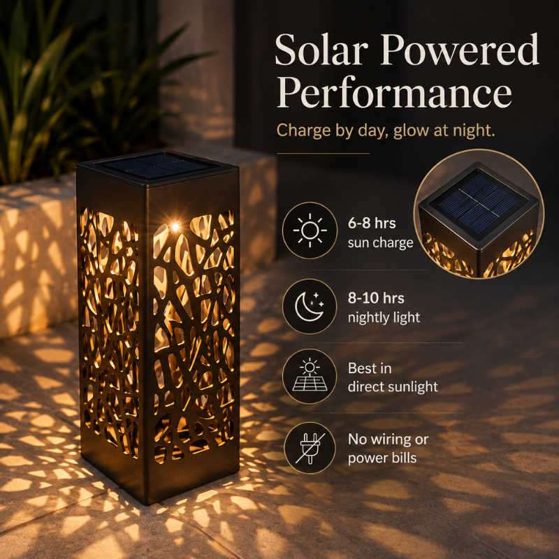 Solar powered decorative outdoor table lamp with a geometric tree branch cutout pattern, casting warm light on a patio surface. The image includes text and icons detailing its performance: 6-8 hours of sun charge, 8-10 hours of nightly light, best in direct sunlight, and no wiring or power bills.