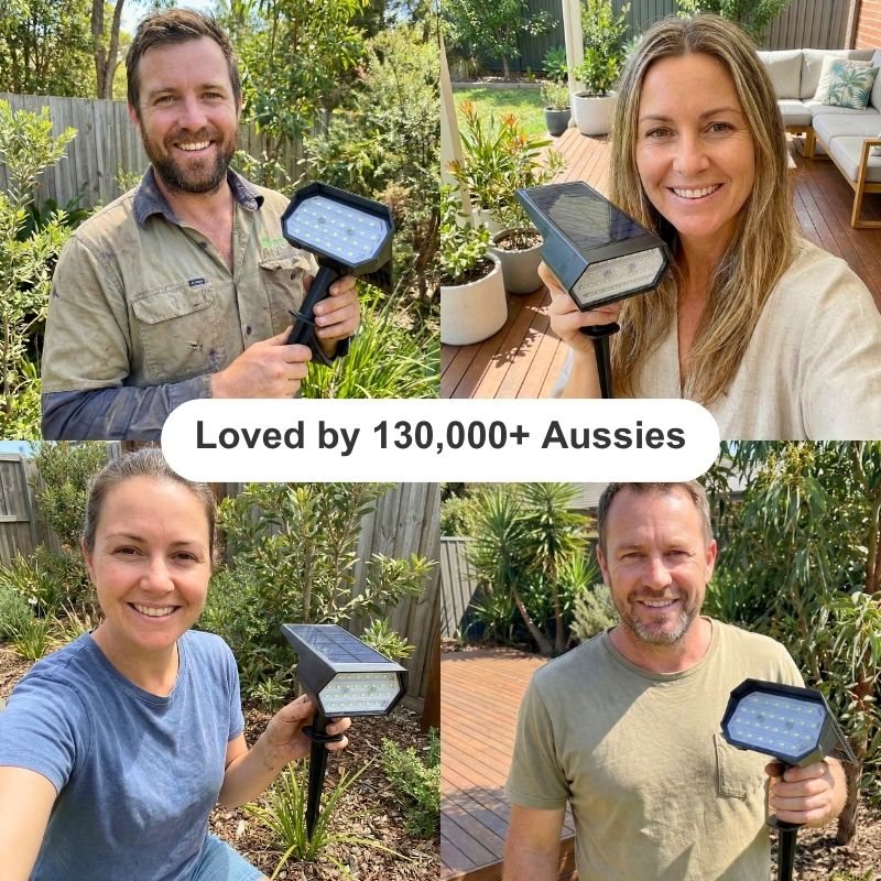 Four people holding solar lights outdoors with text 'Loved by 100,000+ Aussies'.