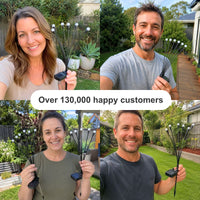 A four-panel collage showing several people outdoors in backyards and gardens holding black solar-powered weed whacker attachments with white spherical heads. A white text banner across the center reads 'Over 130,000 happy customers'.