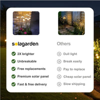 Comparison of Solagarden outdoor lighting with other options, highlighting features like brightness, durability, and delivery speed.