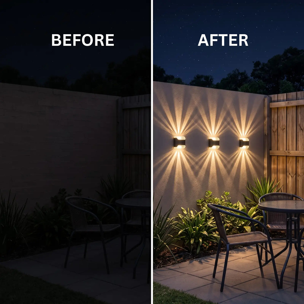 A split before-and-after comparison of outdoor wall lighting at night. The left side, labeled BEFORE, shows a dark patio area with minimal visibility.