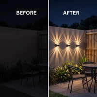 A split before-and-after comparison of outdoor wall lighting at night. The left side, labeled BEFORE, shows a dark patio area with minimal visibility.